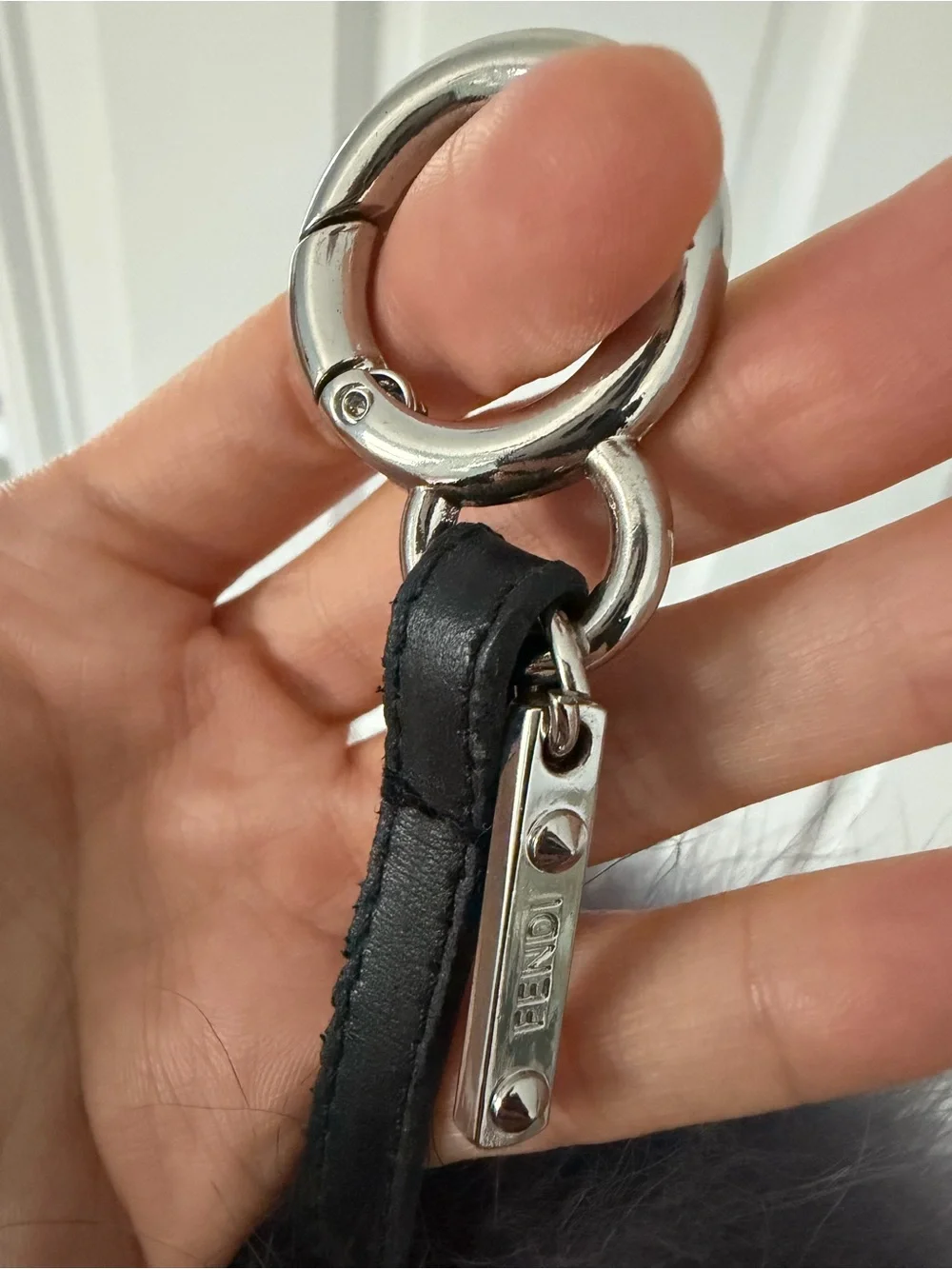 Fendi Gray Fur Monster Pom Keychain with Red Accent Eyebrows